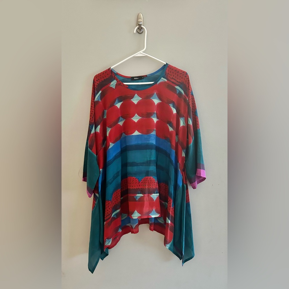 RALSTON Mixed Print Red And Blue Silk Oversize Tunic Top Resortwear | Size S